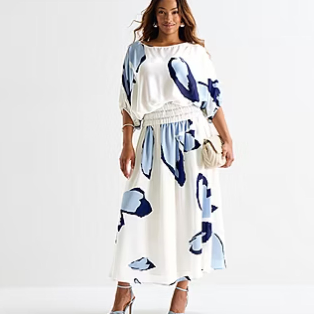 Worthington White Maxi Skirt with Blue Floral Print Sz XLT - Picture 3 of 12